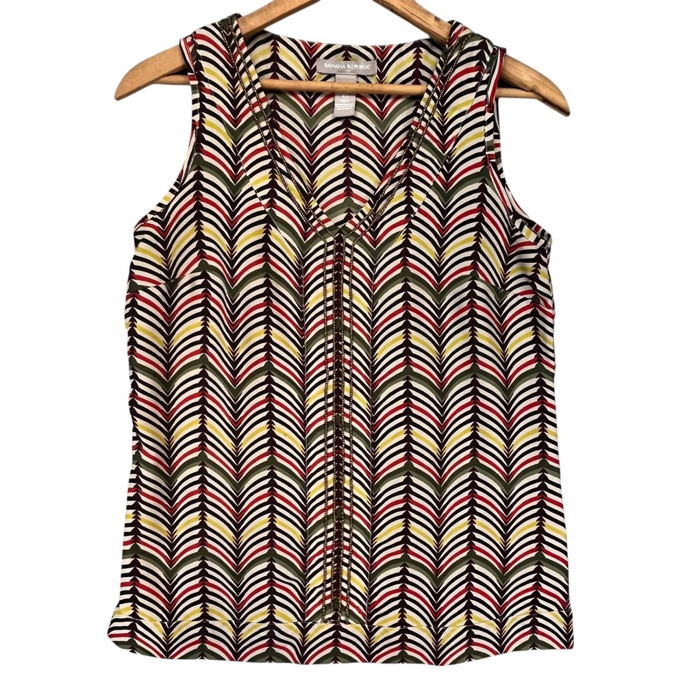 Banana Republic Outlet Chevron Print Brown Beading Sleeveless Blouse Top XS
